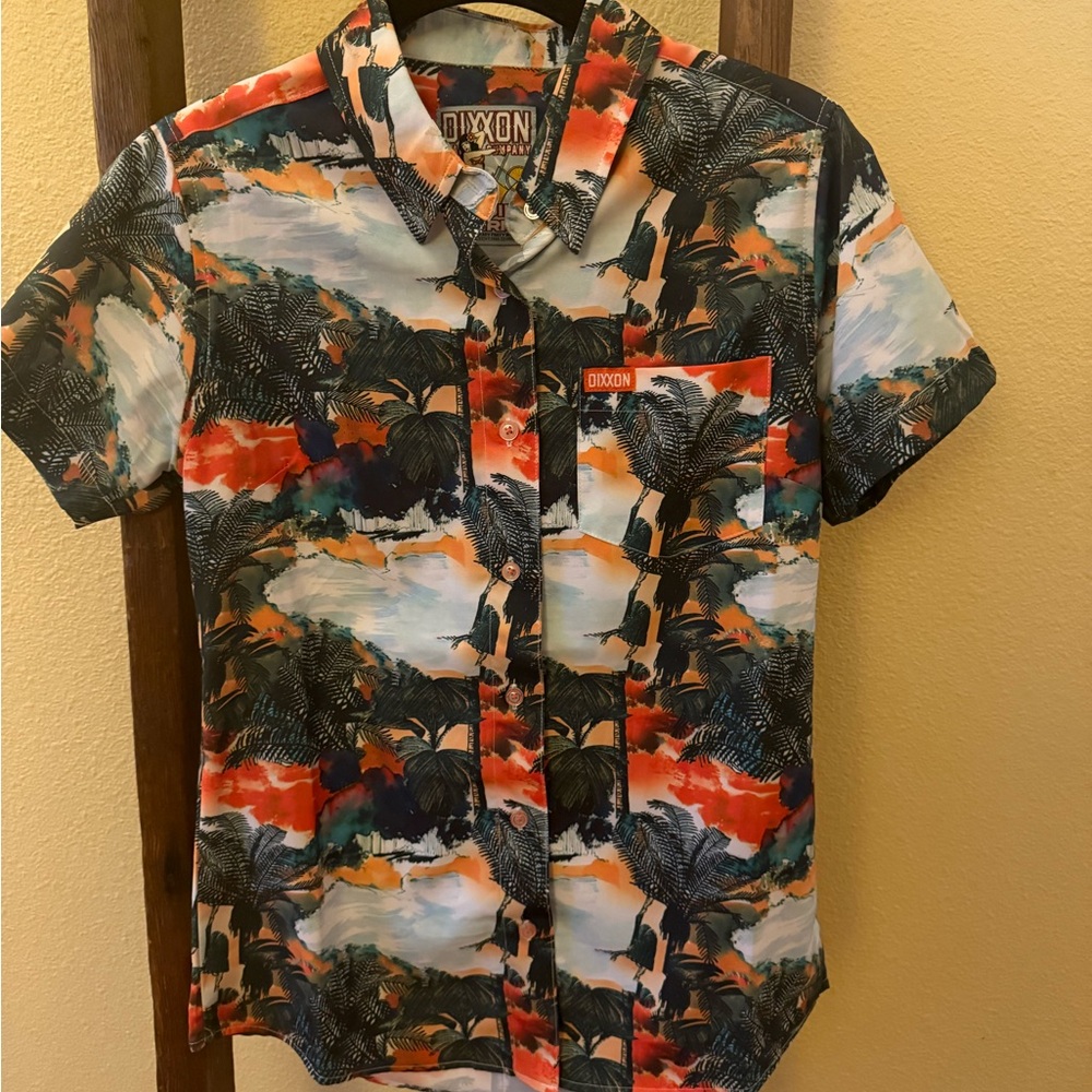 DIXXON Women's Tequila Sunrise Tropical Button Down Shirt - Multicolor